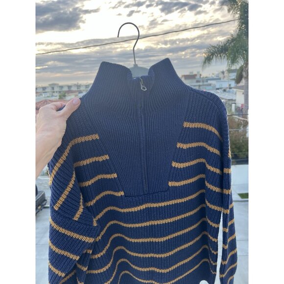 FAHERTY Blue Gold Mariner Stripe quarter zip sweater preppy cotton blend Large - Picture 2 of 9